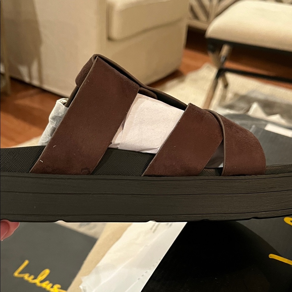 Lulus Surie Chocolate Brown Suede Strappy Flatform Slide Sandals/NIB/Size 8 - Picture 13 of 15